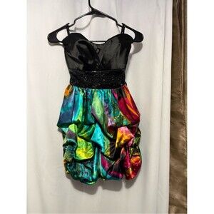 Speechless Black Bodice Multicolor Satin Bubble Hem Dress
